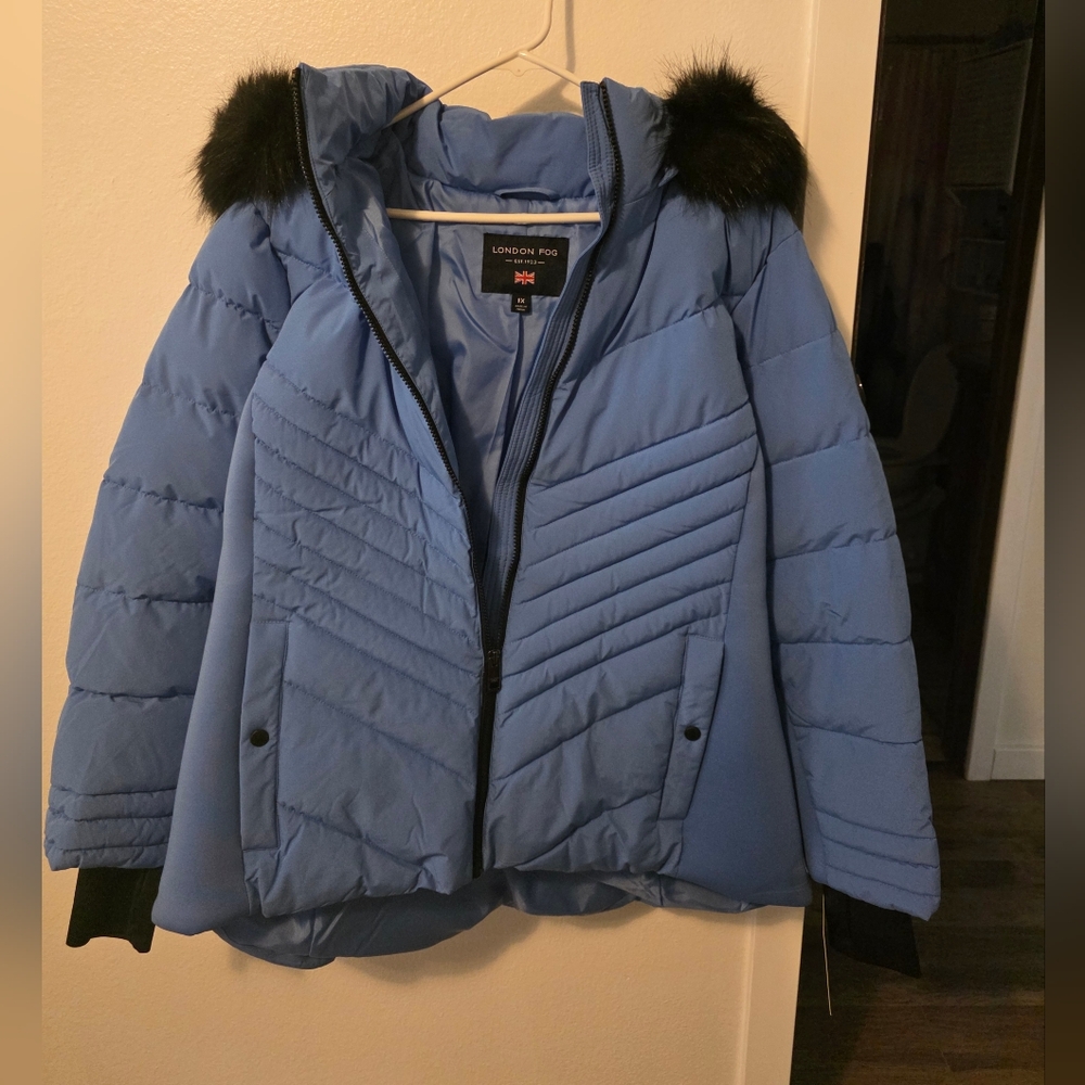 London Fog Blue Puffer Jacket with Black Fur Trim
